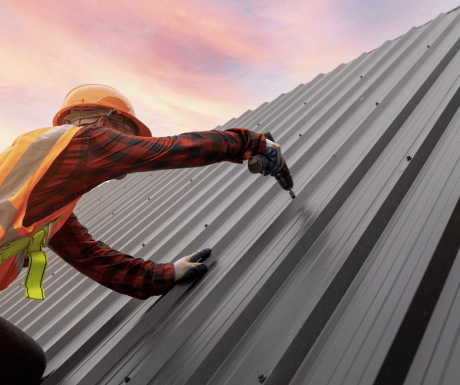 Commercial metal roof at sunset